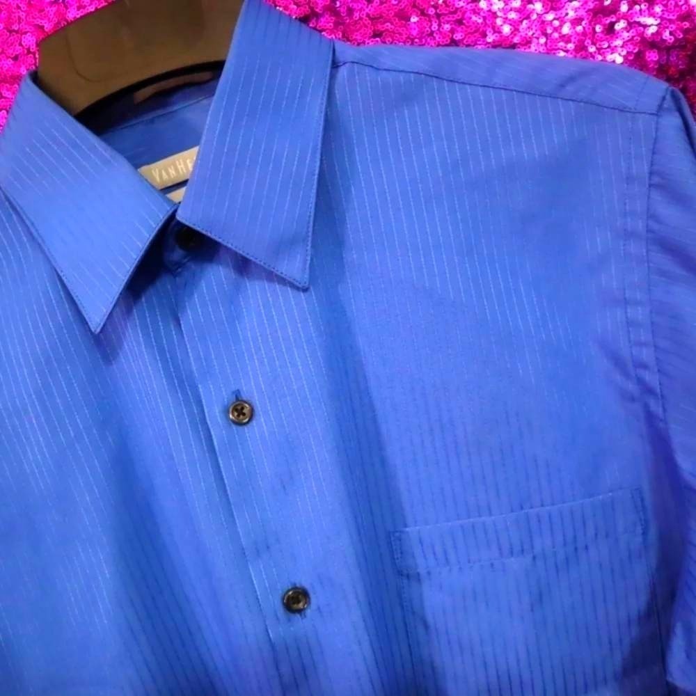 Blue Button Down 15 32/33 Van Heusen Mens Satin Stripe Fitted Dress Shirt